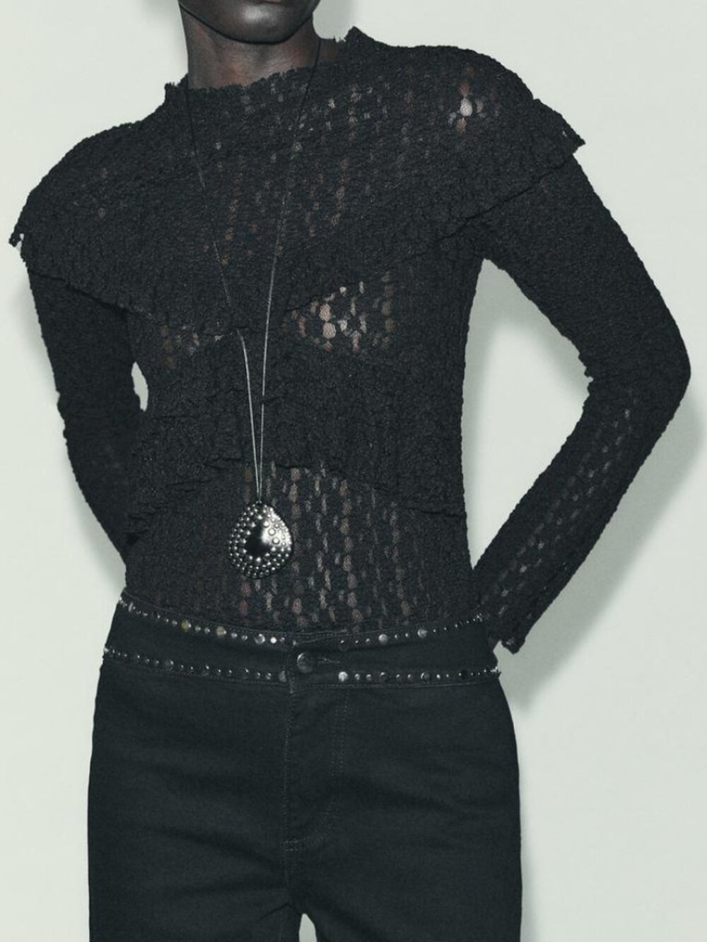 NWT Zara Black Ruffled Lace Long Sleeve Top Med.